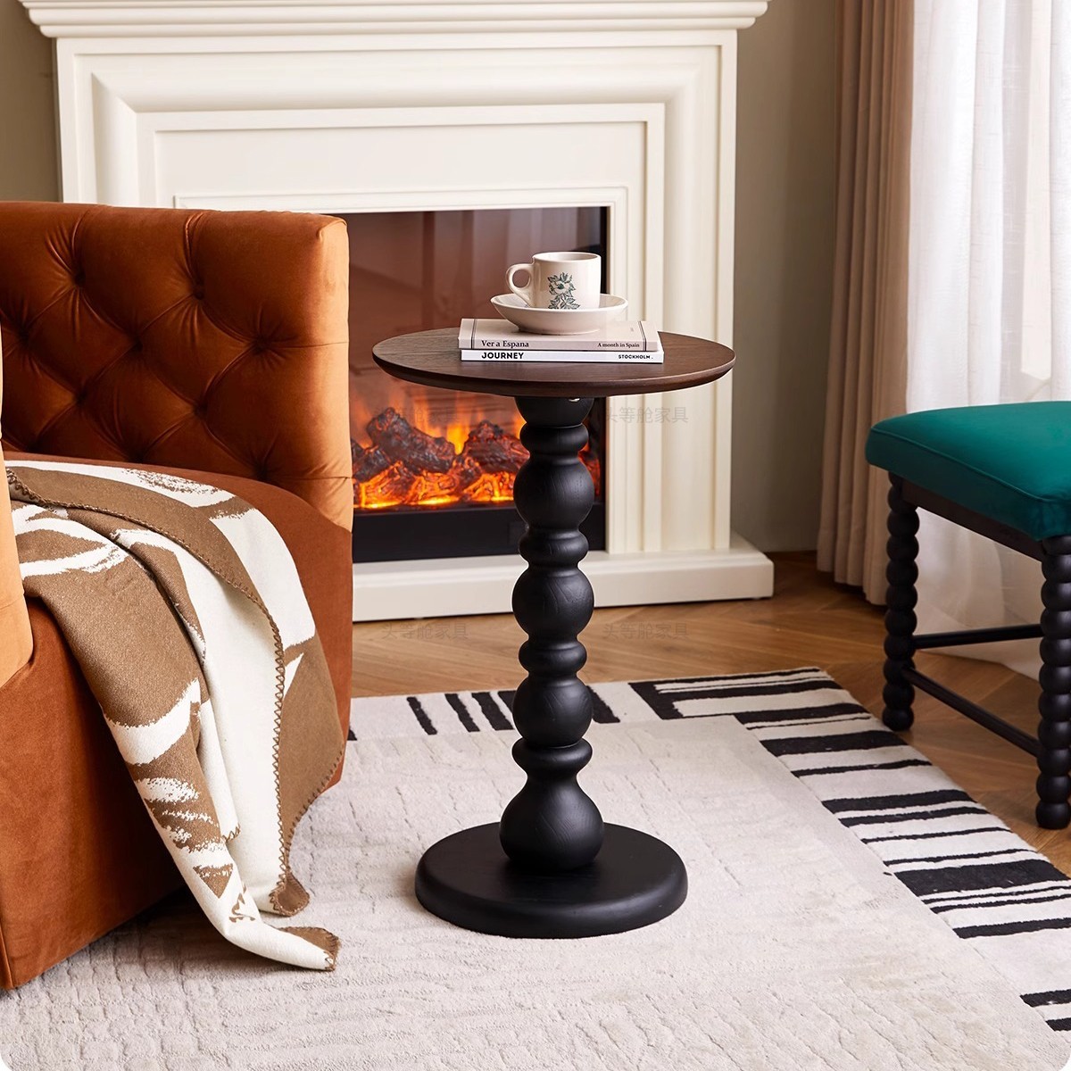 可拉小边几全实木茶几法式复古沙发角几小型中古风可移动客厅圆形