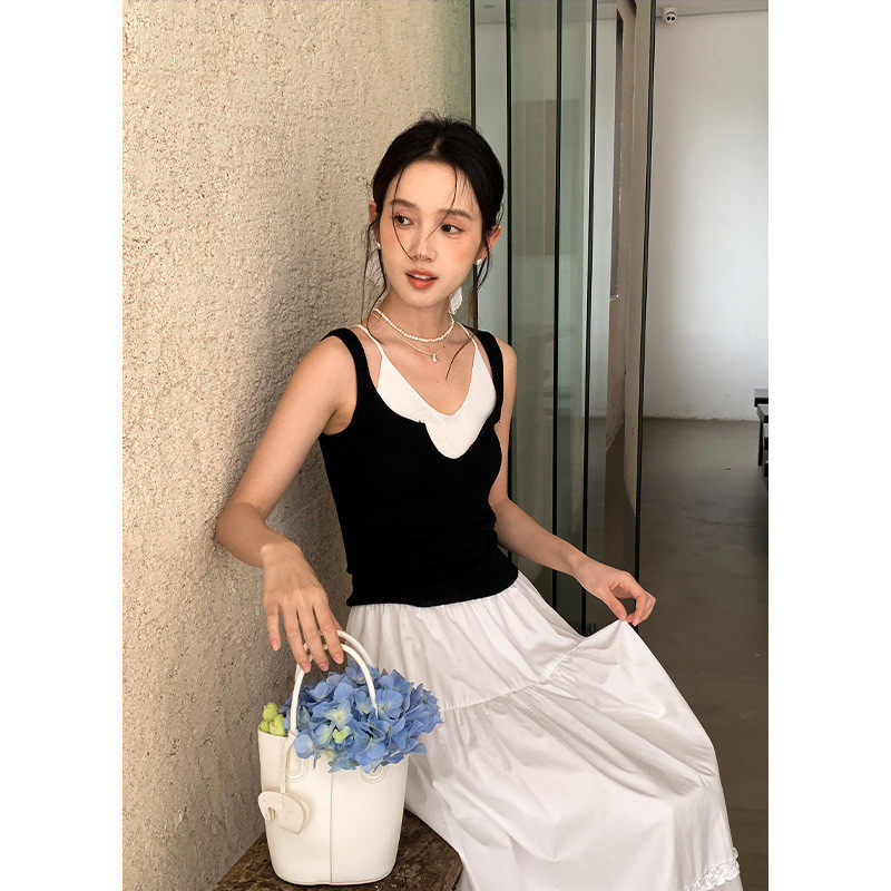 虞书欣同款黑色假两件吊带背心撞色修身背心女百搭显瘦吊带
