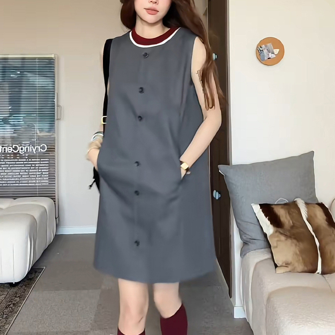 低饱和色连衣裙无袖灰色连衣裙女25夏新款撞色毛织圆领H型裙子