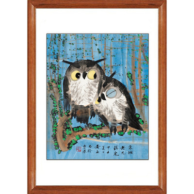 黄永玉国画真迹版画镇宅猫头鹰字画花鸟画客厅挂画装饰画竖版卷轴