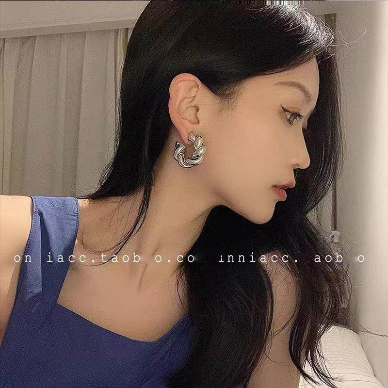 新品塑料针耳钉防过敏耳饰法式复古麻花编织C形圆圈耳环女耳钉耳