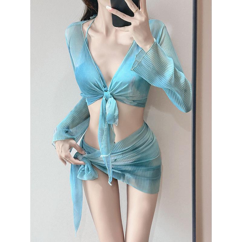 夏季泳衣女款扎染渐变比基尼四件套性感辣妹纯欲风海边度假泡温泉