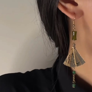 新品 古风耳环简约竹节雕纹扇子耳钩小众设计养耳洞 925银针新中式