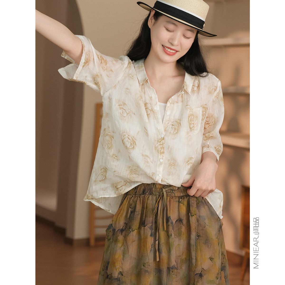 小耳出品【沙滩野玫瑰】玫瑰印花自带香气42支荃苎麻单排扣衬衫女,女装/女士精品,衬衫,淘宝优惠券,粉丝福利购,淘宝优惠卷