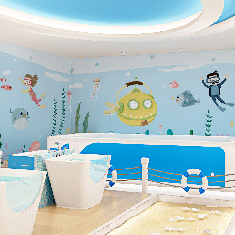 墙布儿童房女孩游泳馆墙纸卡通海洋主题壁纸母婴室公主房定制壁画,家装主材,定制壁画,淘宝优惠券,粉丝福利购,淘宝优惠卷