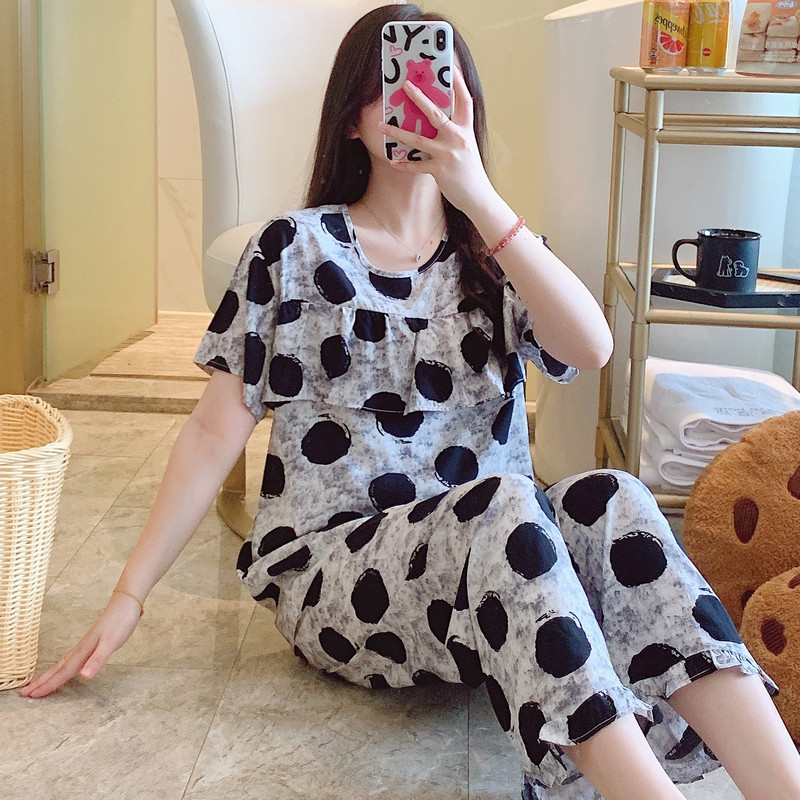 新品三件套棉绸睡衣女春夏短袖短裤长裤绵绸家居服人造棉套装薄款