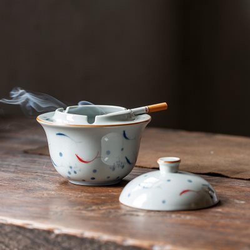 烟灰缸陶瓷烟缸带盖用潮流茶几摆件个性潮流大号多功能防风盖碗