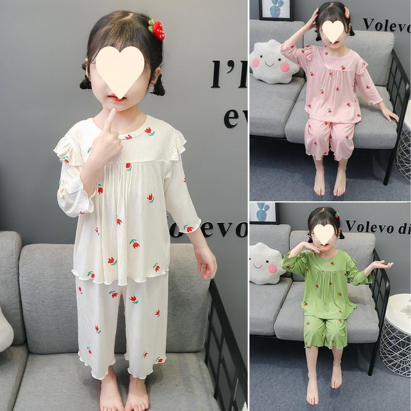 女童睡衣2025夏季薄款儿童夏天莫代尔冰丝七分袖女宝宝空调服套装