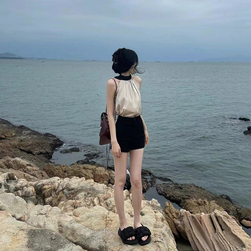 无袖坎肩女露肩窄版小个子加小码xs垂感挂脖绑带小袖口夏季