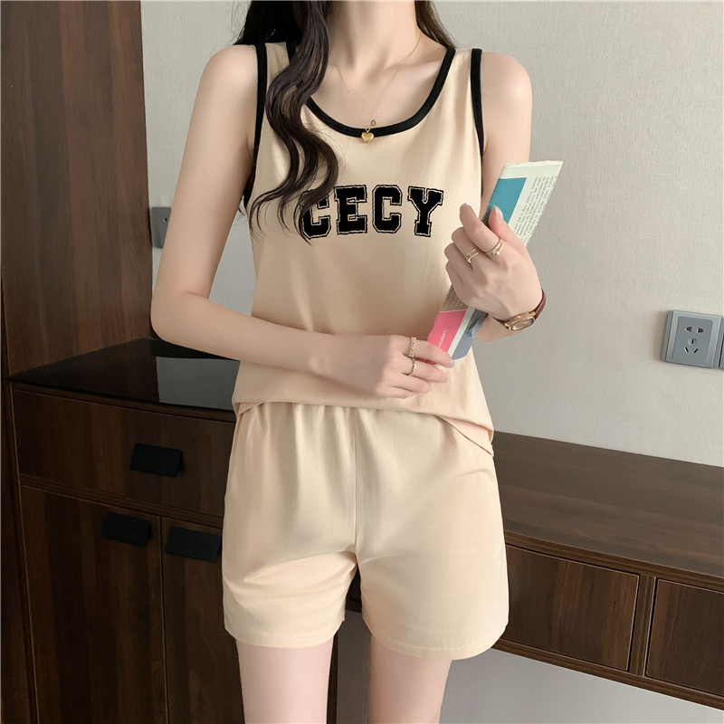新品夏天无袖背心吊带短裤时尚两件套装性感辣妹纯欲纯棉睡衣家居