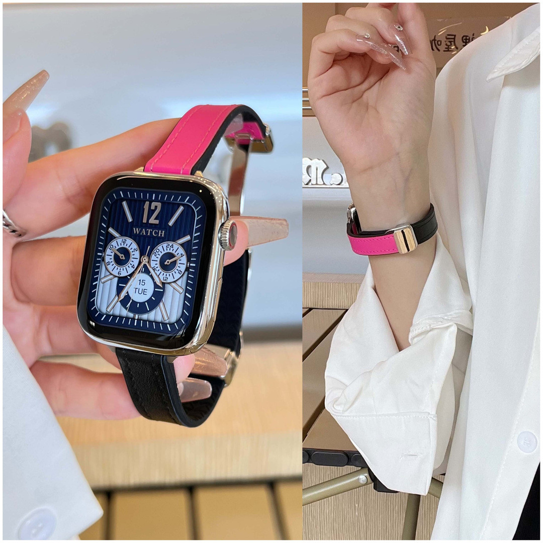 黑粉色多巴胺细柔软硅胶真皮磁吸扣表带适用applewatch苹果手表se