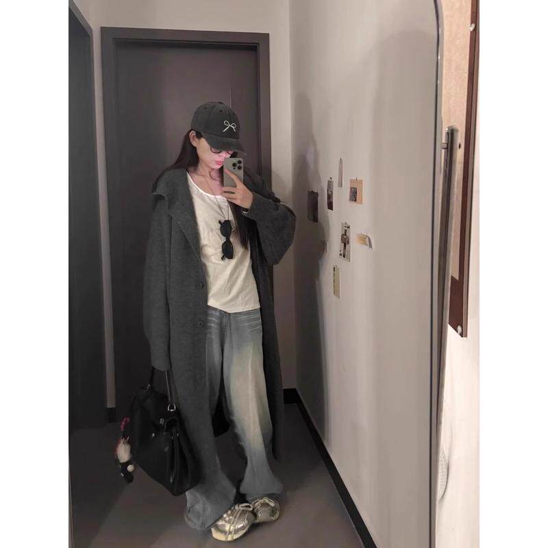 秋冬慵懒风毛衣女过膝韩版宽松赫本风连帽大衣中长款开衫