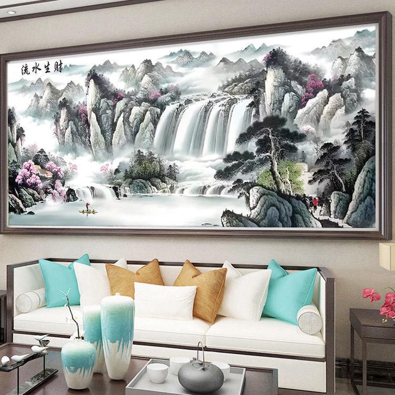 流水生财锦绣山河十字绣2022新款线绣客厅山水风景画自己绣满绣