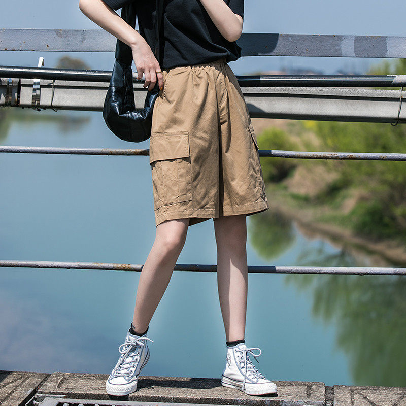 卡其色工装女夏宽松五分裤直筒休闲大码运动中裤夏季薄款外穿