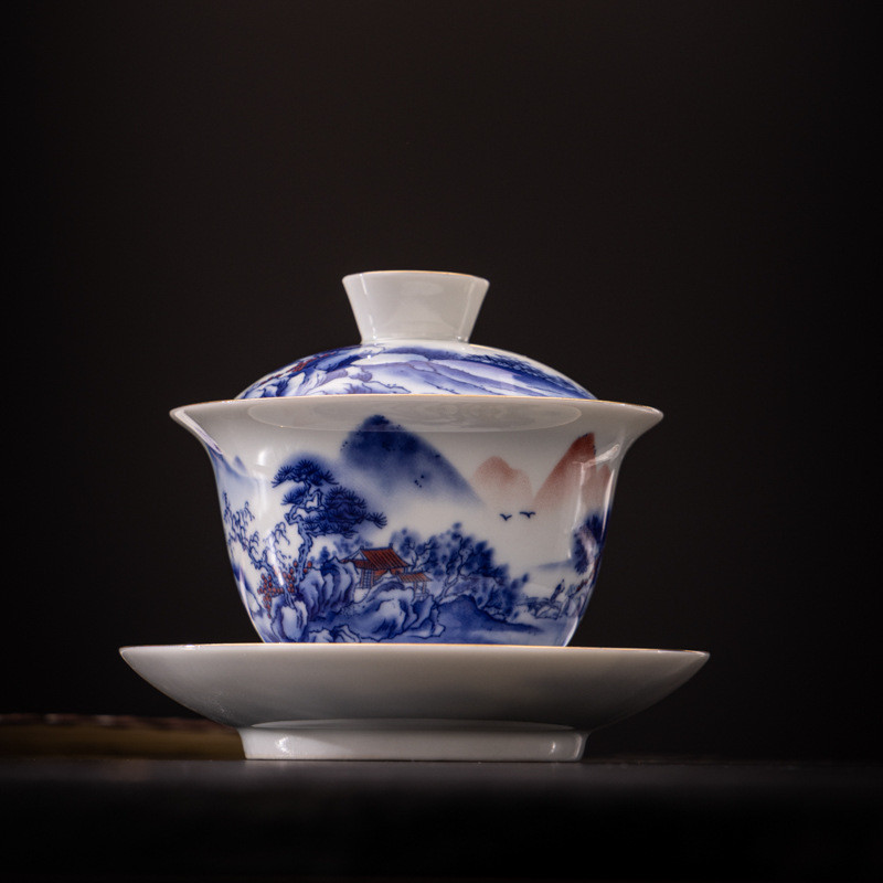 陶瓷盖碗茶具青花三才盖碗家用仿古篮彩大号泡茶器山水敬茶碗