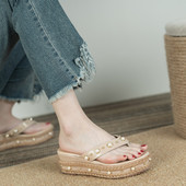 网红平底高跟人字拖鞋 坡跟凉鞋 韩版 松糕厚底鞋 女外穿2024夏季 新款