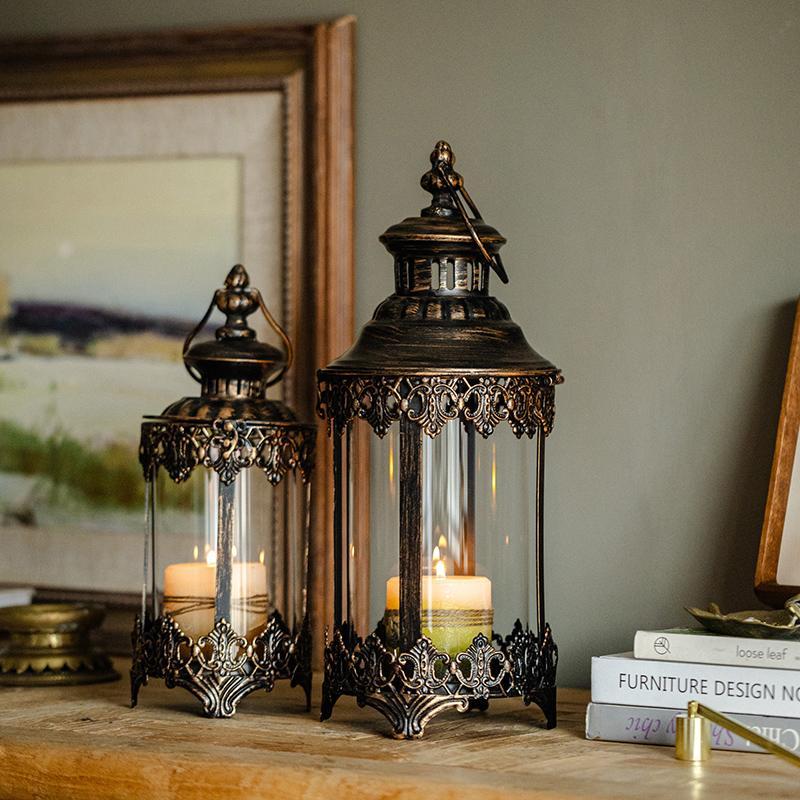 掬涵欧式复古铁艺玻璃烛台摩洛哥风格做旧风灯户外庭院家居装饰品