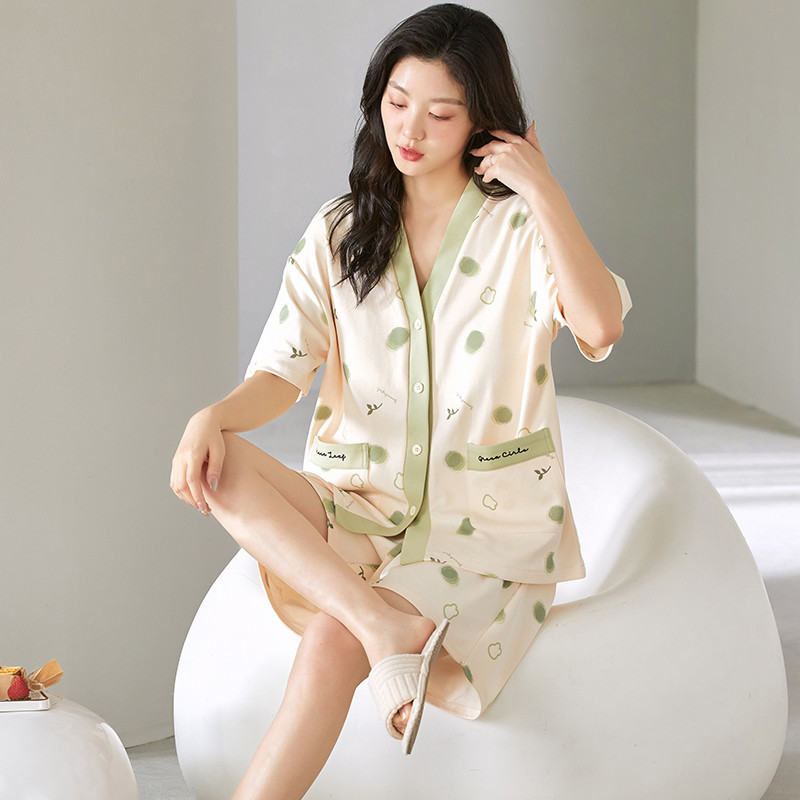 新品夏季女士短袖睡衣套装自带胸垫一体家居服和服开衫防凸点可外