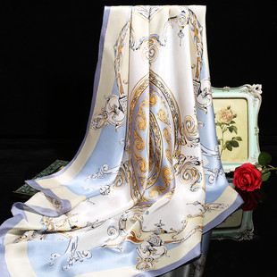 丝巾女士春秋款洋气时尚百搭披肩苏州丝绸缎面浅蓝色粉色薄款围巾