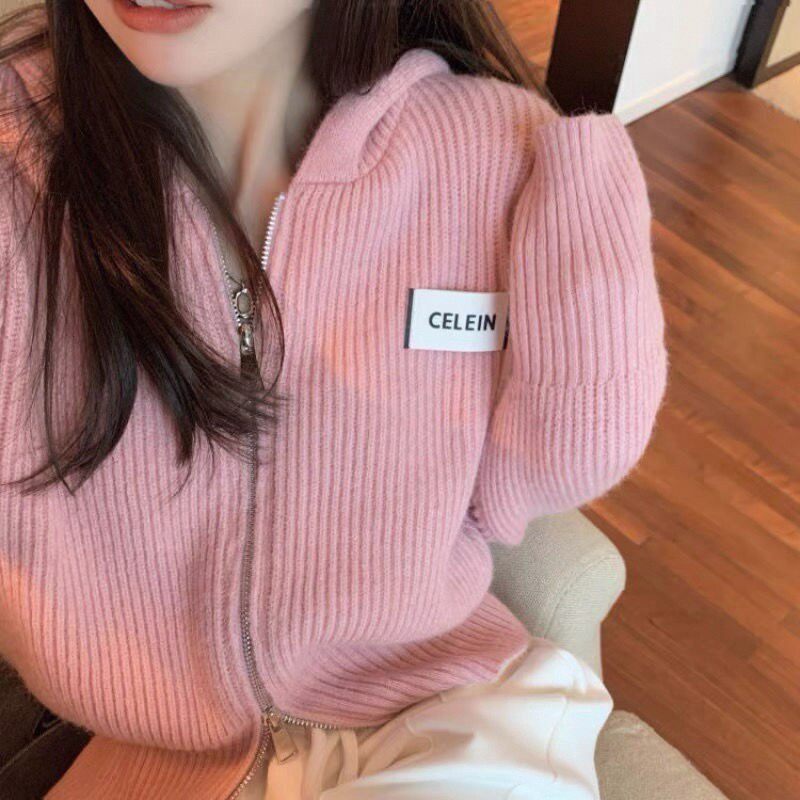 短款日系洋气毛衣开衫女韩版双拉链衫棒球服连帽毛线衣潮