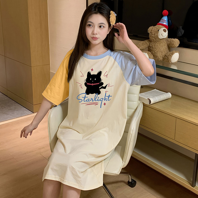 新品网红纯棉短袖睡裙女夏季可爱卡通睡衣女宽松性感纯欲风休闲家