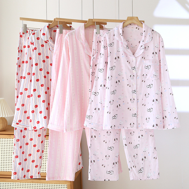 纯棉纱布外翻领长袖睡衣套装多色两件套家居服高品质工厂批发