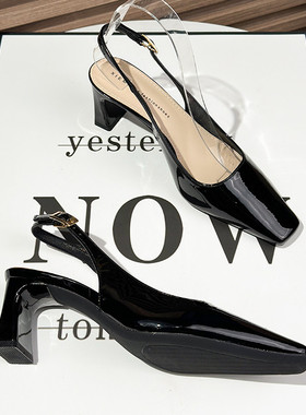 方头粗跟漆皮黑色凉鞋女夏季2025年新款一字带通勤工作职业高跟鞋