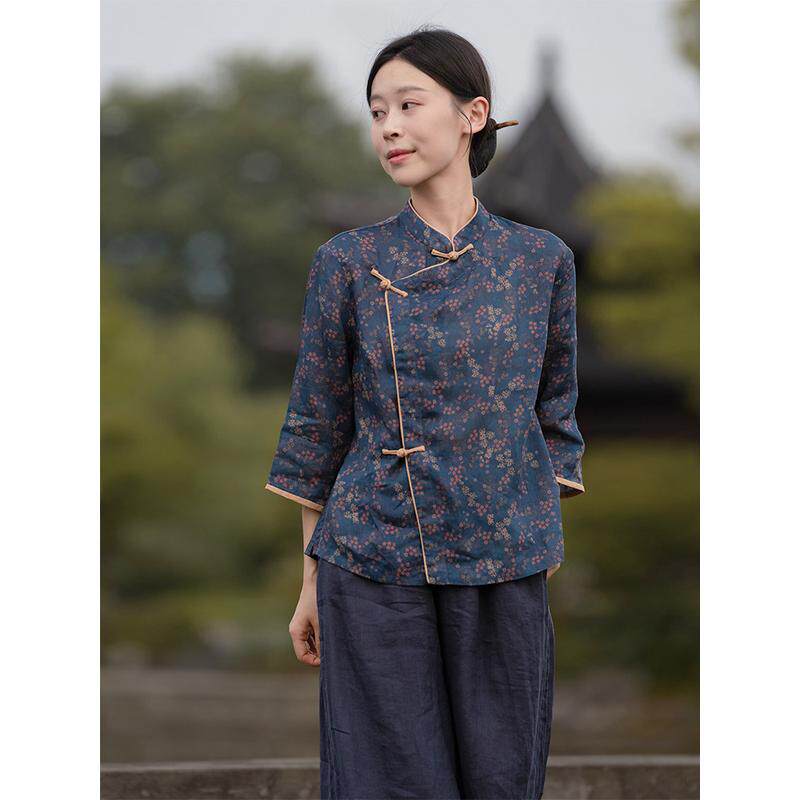 汀素女2025春夏苎麻印花中袖衬衫新中式盘扣开襟短款小衫