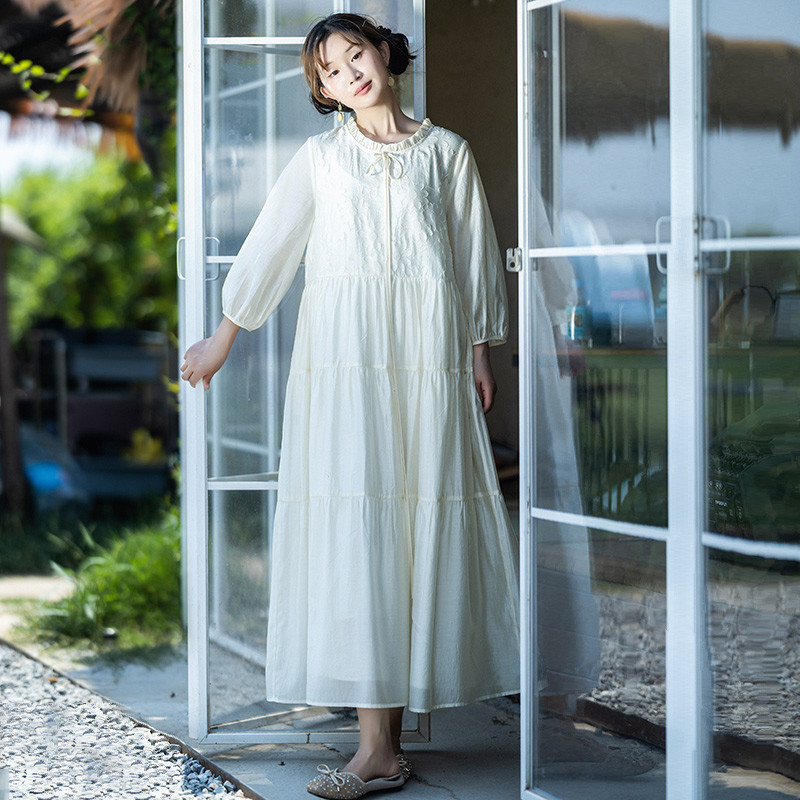 【白芷】夏季木耳边圆领宽松仙气女2024年剪花拼接塔裙
