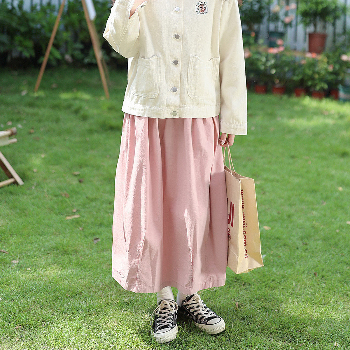 艺野系 粉色女日系小个子工装裙a字显瘦花苞裙气球裙