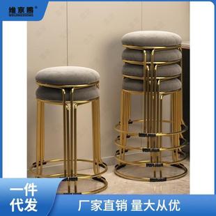 金色餐桌秀茶 北欧凳子家用轻奢钢筋凳简约商用布艺加厚高圆凳时尚