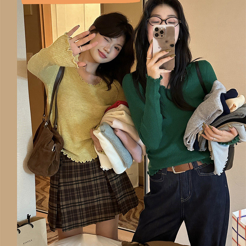 春装长袖打底衫内搭2025春秋新款薄款毛衣木耳边圆领,女装/女士精品,毛针织衫,淘宝优惠券,粉丝福利购,淘宝优惠卷