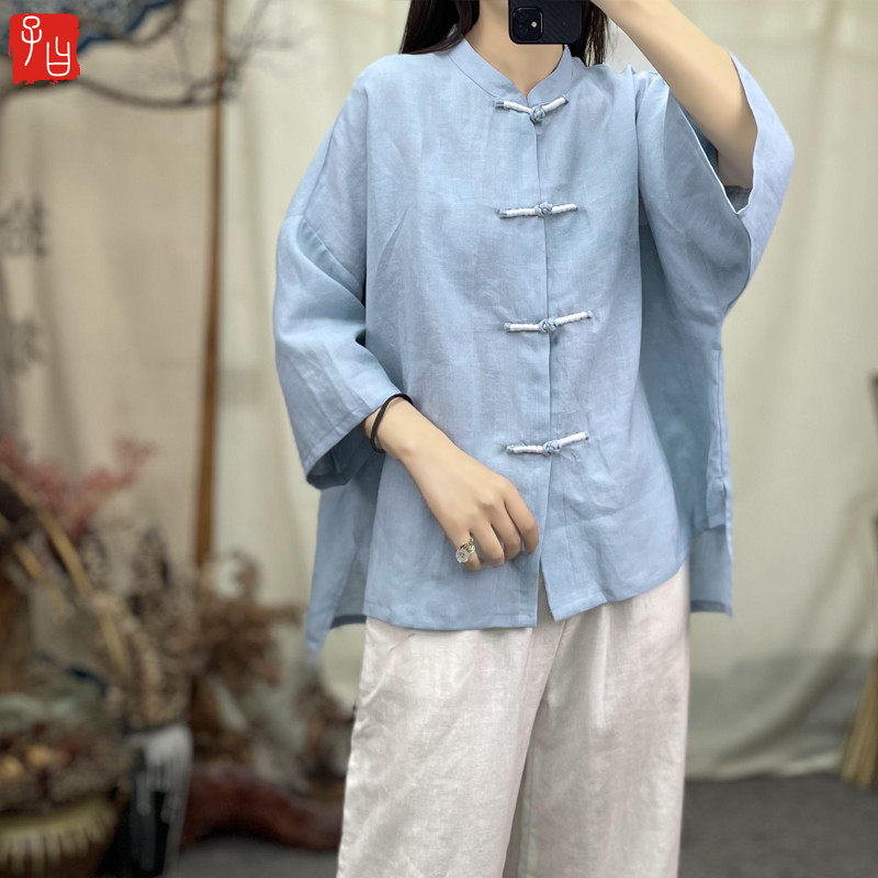 子曰中式茶服国风对襟盘扣苎麻开衫前短后长文艺衬衫