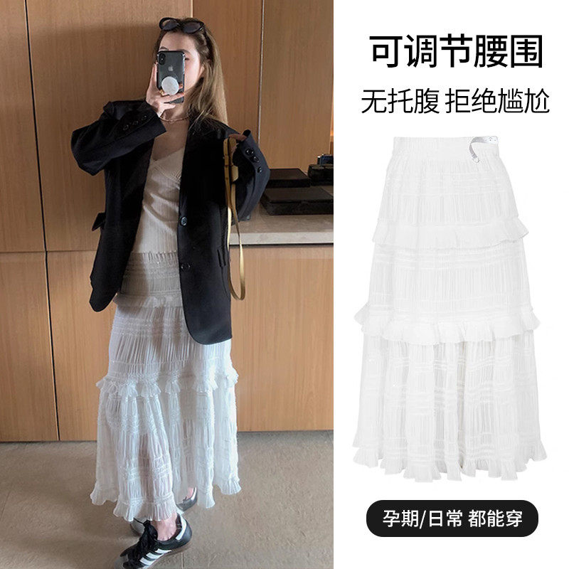 孕妇子春夏季2025新款韩版蕾丝蛋糕裙可调节白色a字中