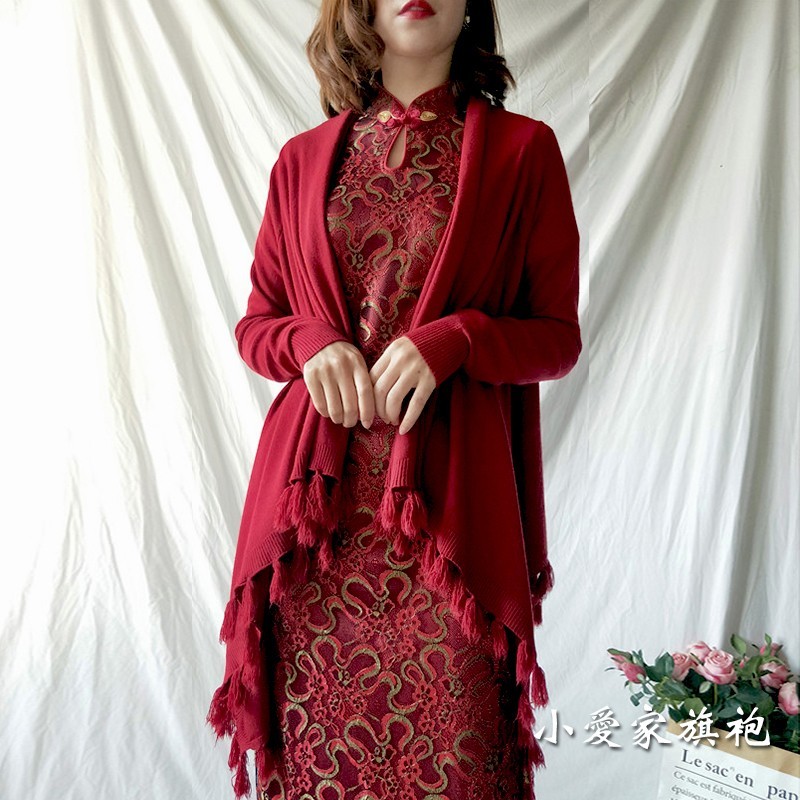 搭配外披妈妈外搭开衫薄春秋红色女婚庆中长款衫