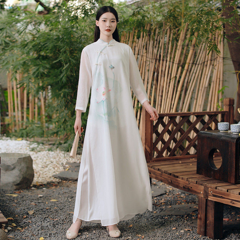 中国风改良系带斜襟茶服文艺中长款日常春