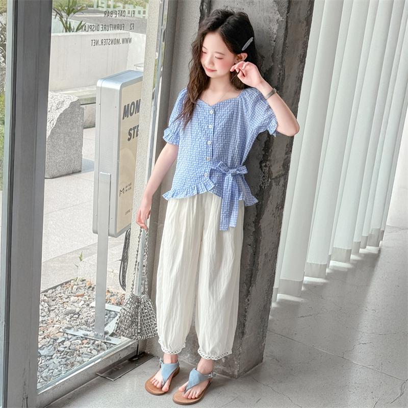 女童夏季套装2025新款儿童薄款短袖衬衫夏装大童女孩灯笼裤两件套