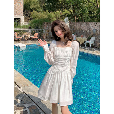 邓六六白色女春法式仙女初恋方领长袖小个子收腰领证小白裙