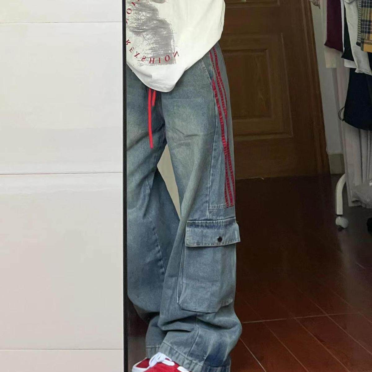 美式条纹撞色拼接做旧女秋季新款直筒宽松工装阔腿长裤