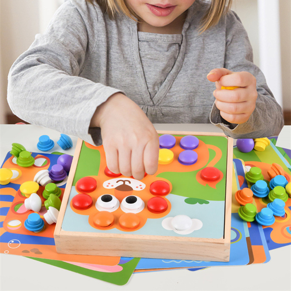 Mushroom Shape Button Art Toy Wooden Mosaic Pegboard Jigsaw