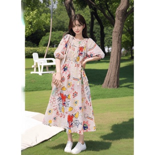 多巴胺女夏2024新款夏日涂鸦印花减龄学院风小众长款A字裙