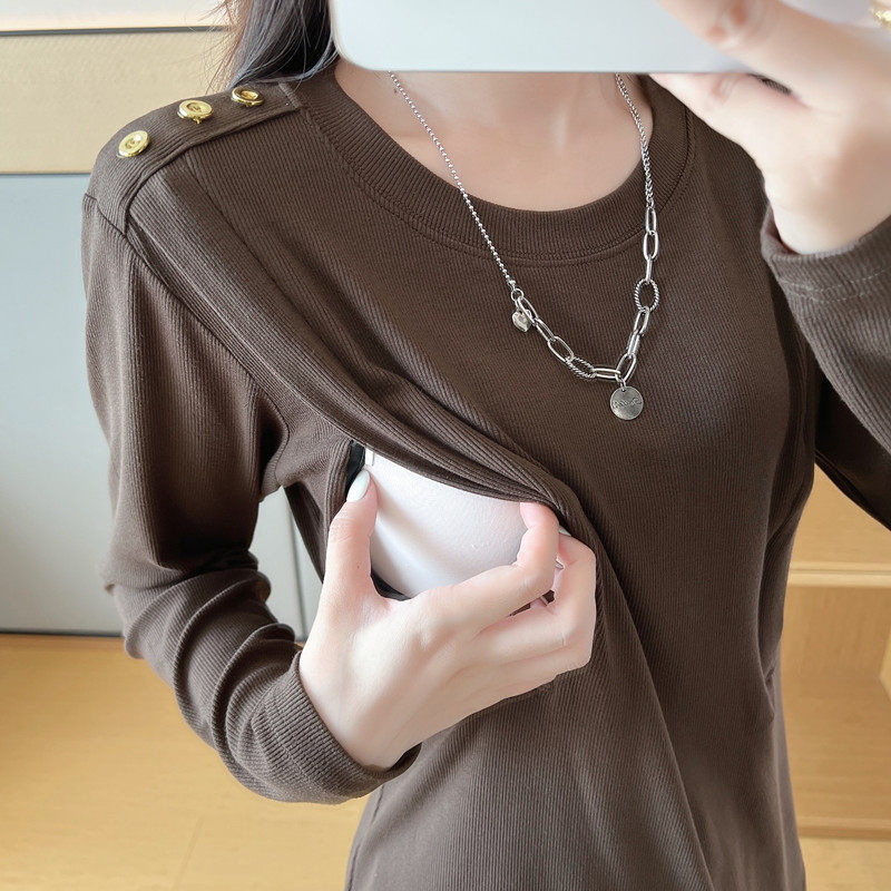 哺乳衣秋衣外出辣妈款春秋季产后长袖内搭t恤喂奶打底衫冬装