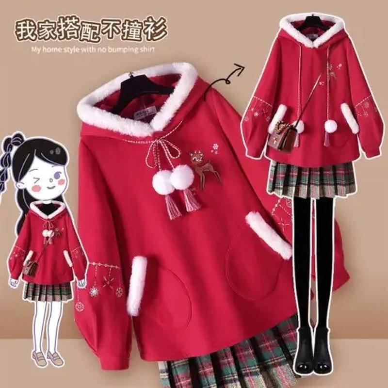 大童少女中国风喜庆红色拜年服2024年龙年秋冬加绒过年