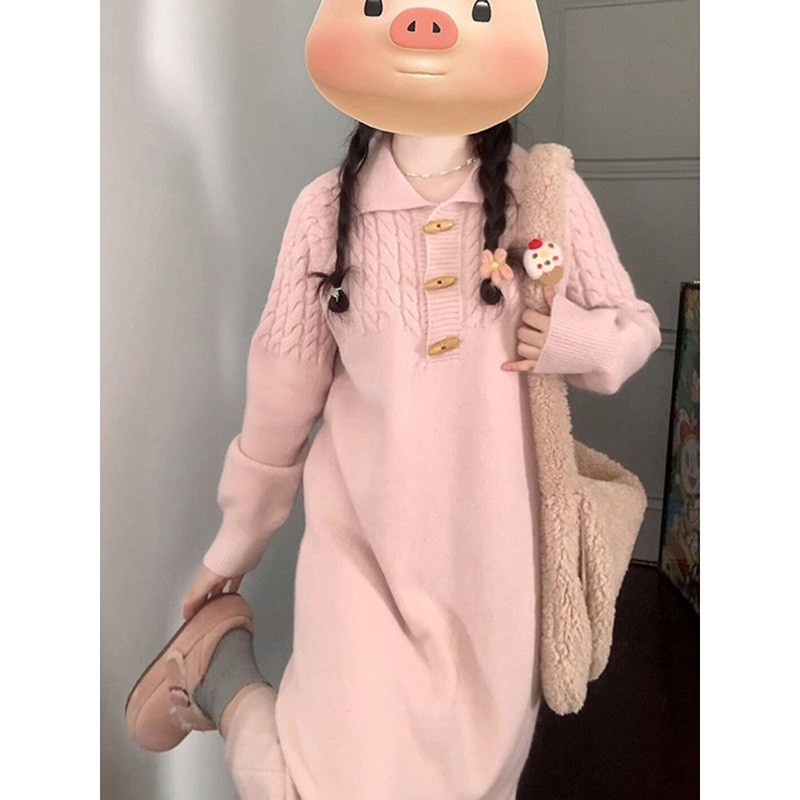 慵懒风加厚麻花毛衣裙女秋冬宽松遮跨显瘦小个子独特超好看
