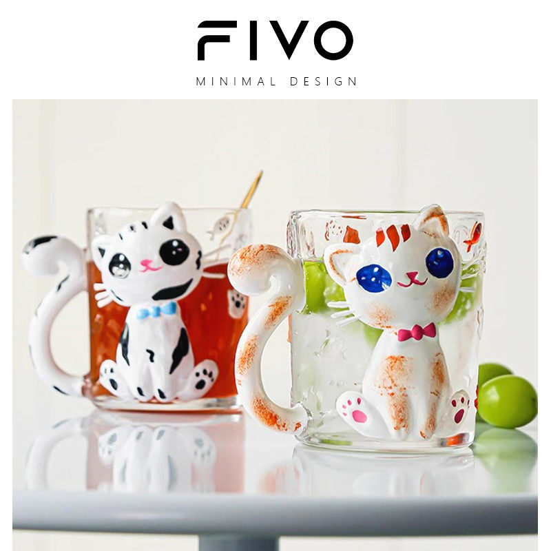 FIVO可爱卡通猫咪杯子咖啡杯玻璃杯子女高颜值女生实用送闺蜜好友