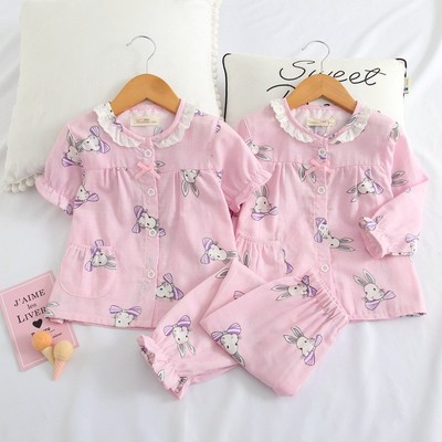 米筱米夏空调服睡衣春夏薄款纯棉纱布全棉家居服三件套防蚊服