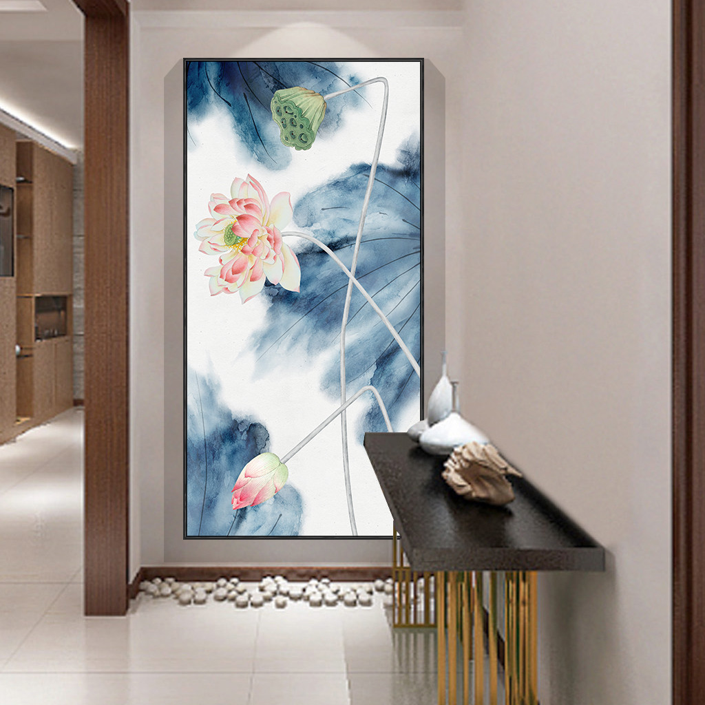 白莲花荷花新中式玄关装饰画竖版过道走廊客厅挂画入户壁画招财图片