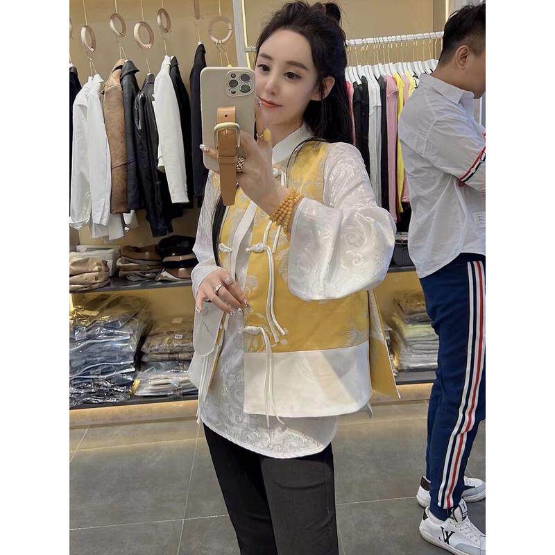 黄色中式马甲女春夏改良提花绸缎显瘦坎肩中国风