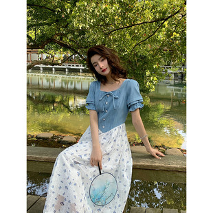 牛仔拼接碎花女夏季 鄧六六法式 清純可甜可鹽仙氣子