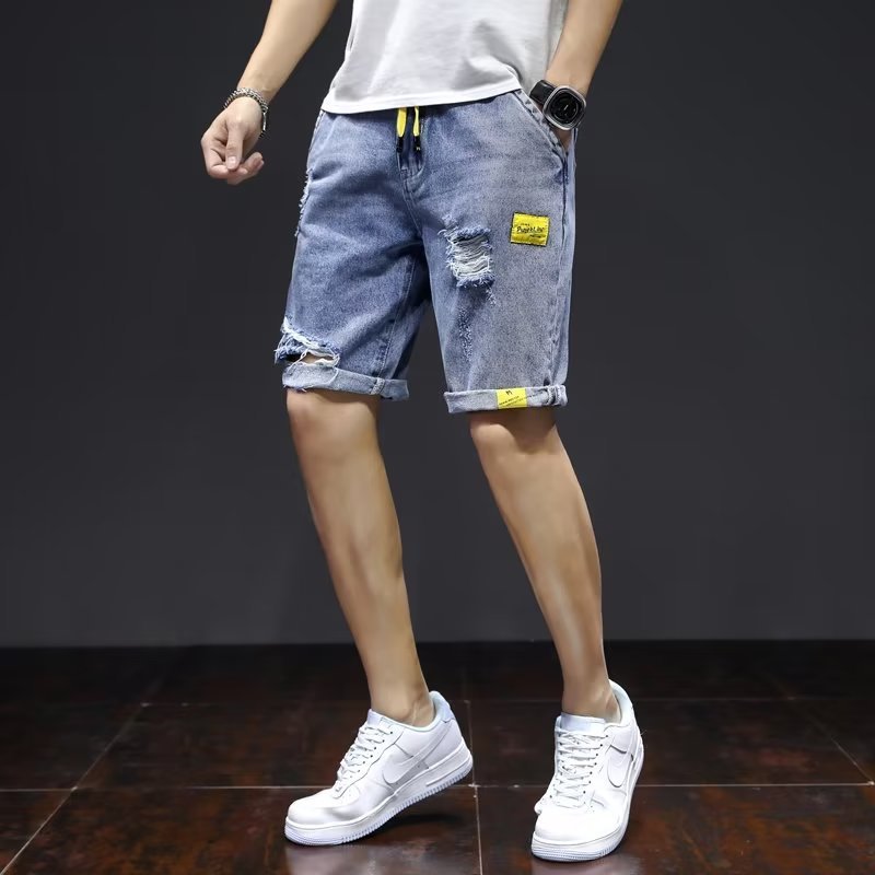 破洞牛仔裤男潮牌2023夏季新款 潮流百搭休闲短裤修身小脚 五分裤